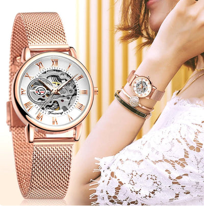 Rosa Automatic Luxury Woman's Watch - Rose Gold/White