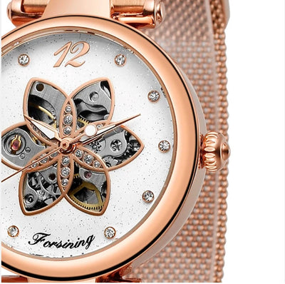 Aurora Flower/Diamante Automatic Woman's Watch -Rose Gold/White