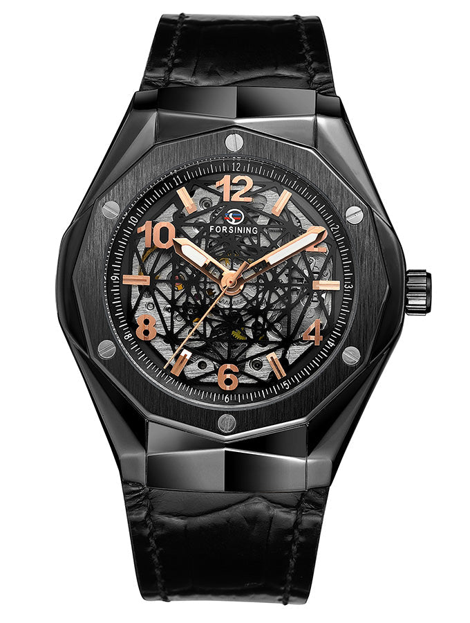 Augusto Automatic Mens Leather Watch - Black/Rose Gold