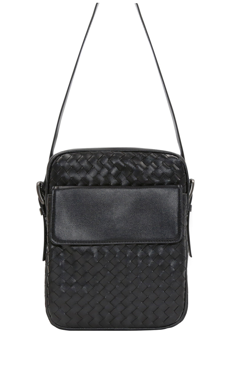 Refined Black Woven PU Leather Slingbag