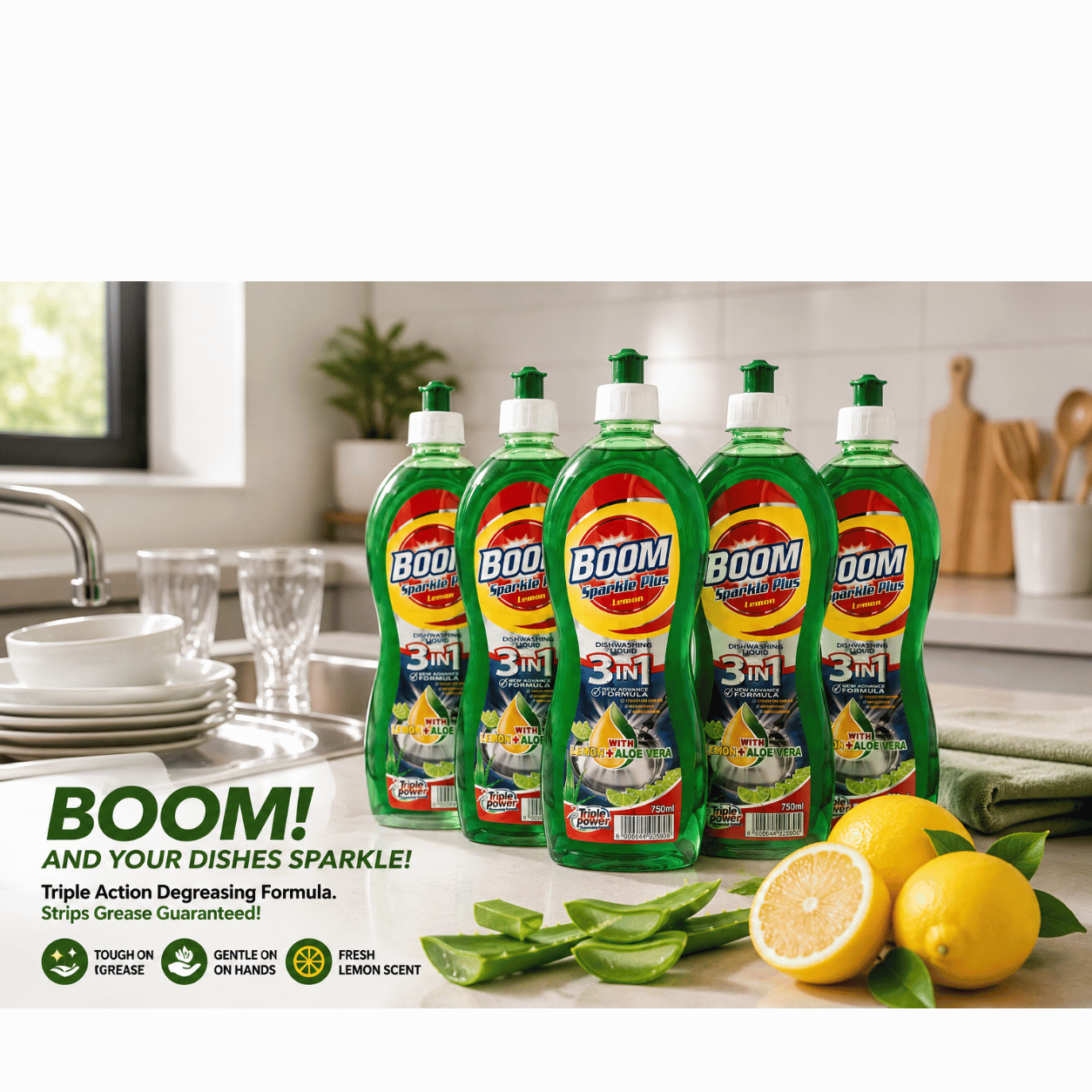 Boom Sparkle Plus Lemon Dishwashing Liquid 750ml (pack of 5)