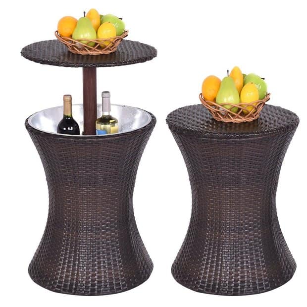 2-in-1 Outdoor Rattan Adjustable Bar/Coffee Table & Ice Cooler