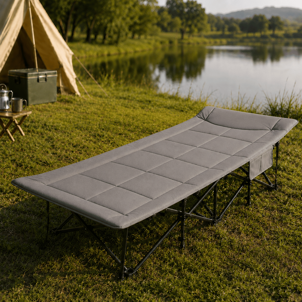 Soul Luxury Folding Camping Bed with Padded Headrest and Utility Side Pocket