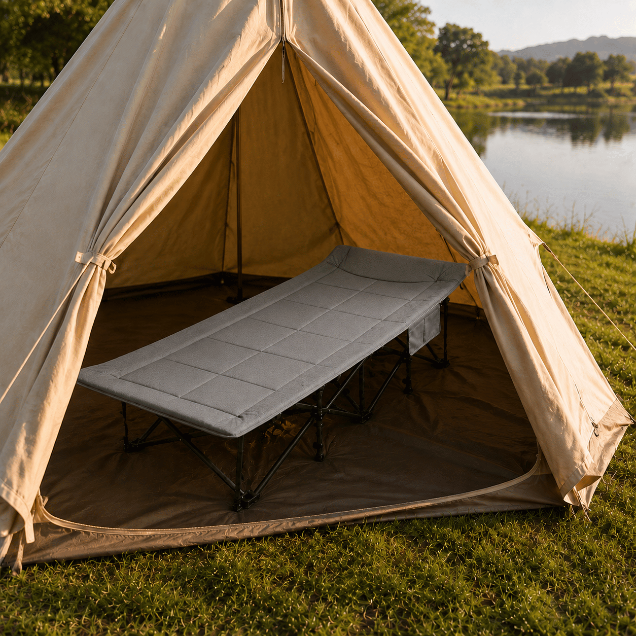 Soul Luxury Folding Camping Bed with Padded Headrest and Utility Side Pocket