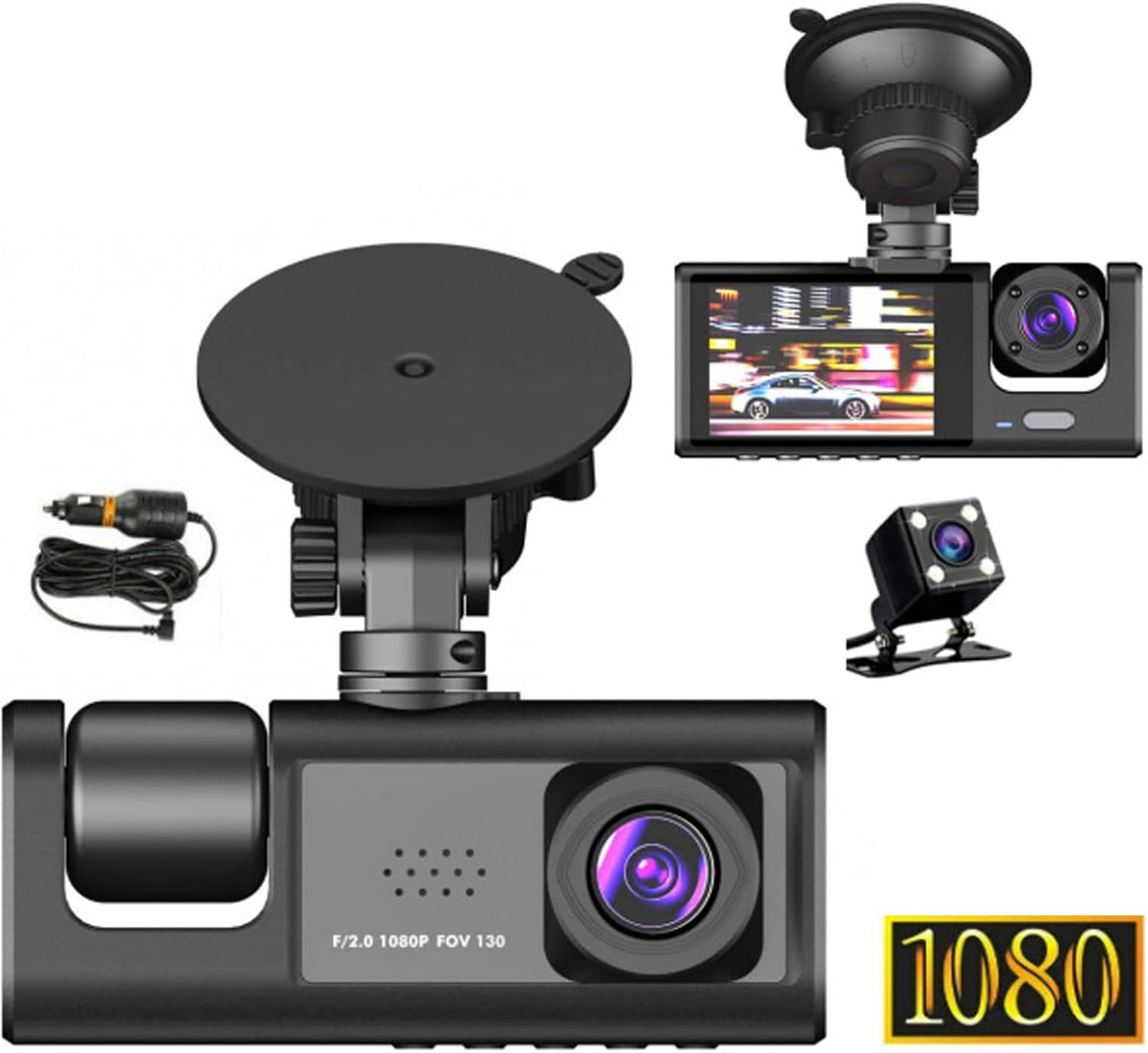 1080p Triple-Lens Dash Cam with Front, Rear & Cabin Recording
