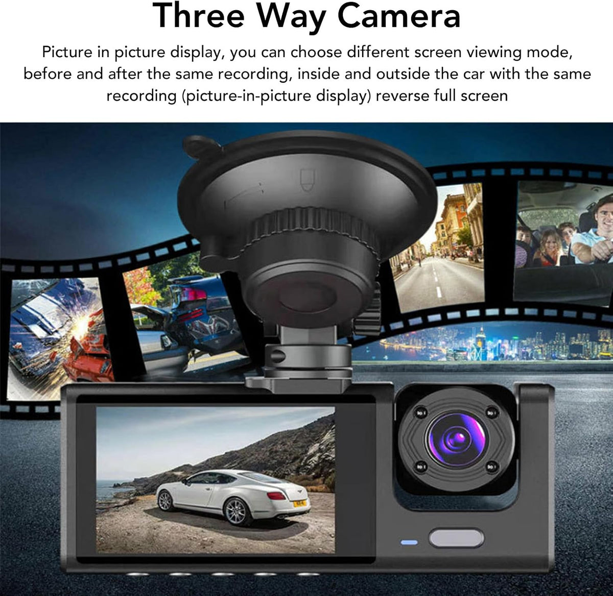 1080p Triple-Lens Dash Cam with Front, Rear & Cabin Recording