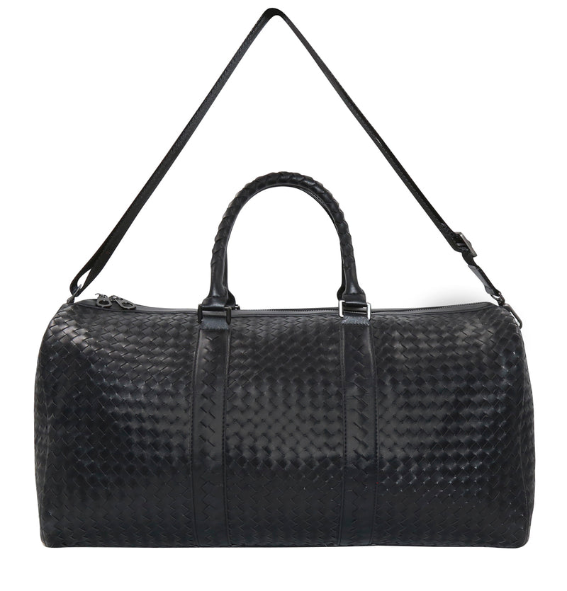 Luxurious Black Woven PU Leather Travel Duffel