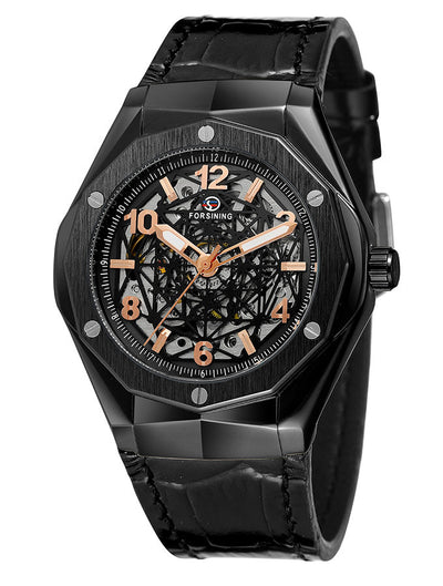 Augusto Automatic Mens Leather Watch - Black/Rose Gold