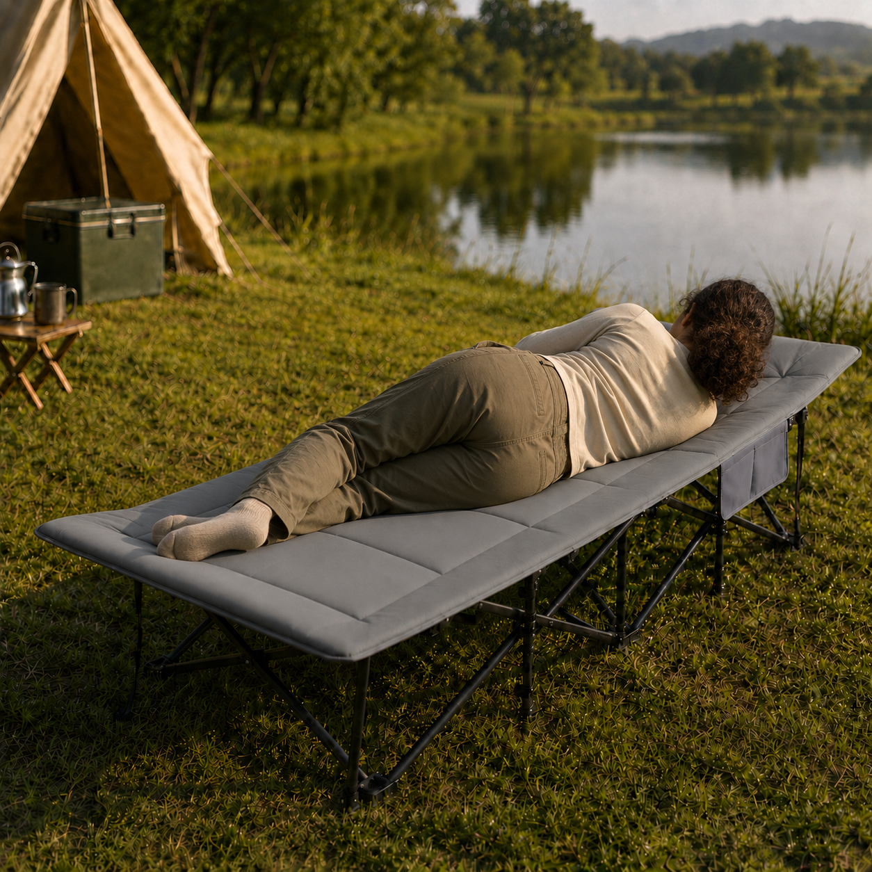 Soul Luxury Folding Camping Bed with Padded Headrest and Utility Side Pocket