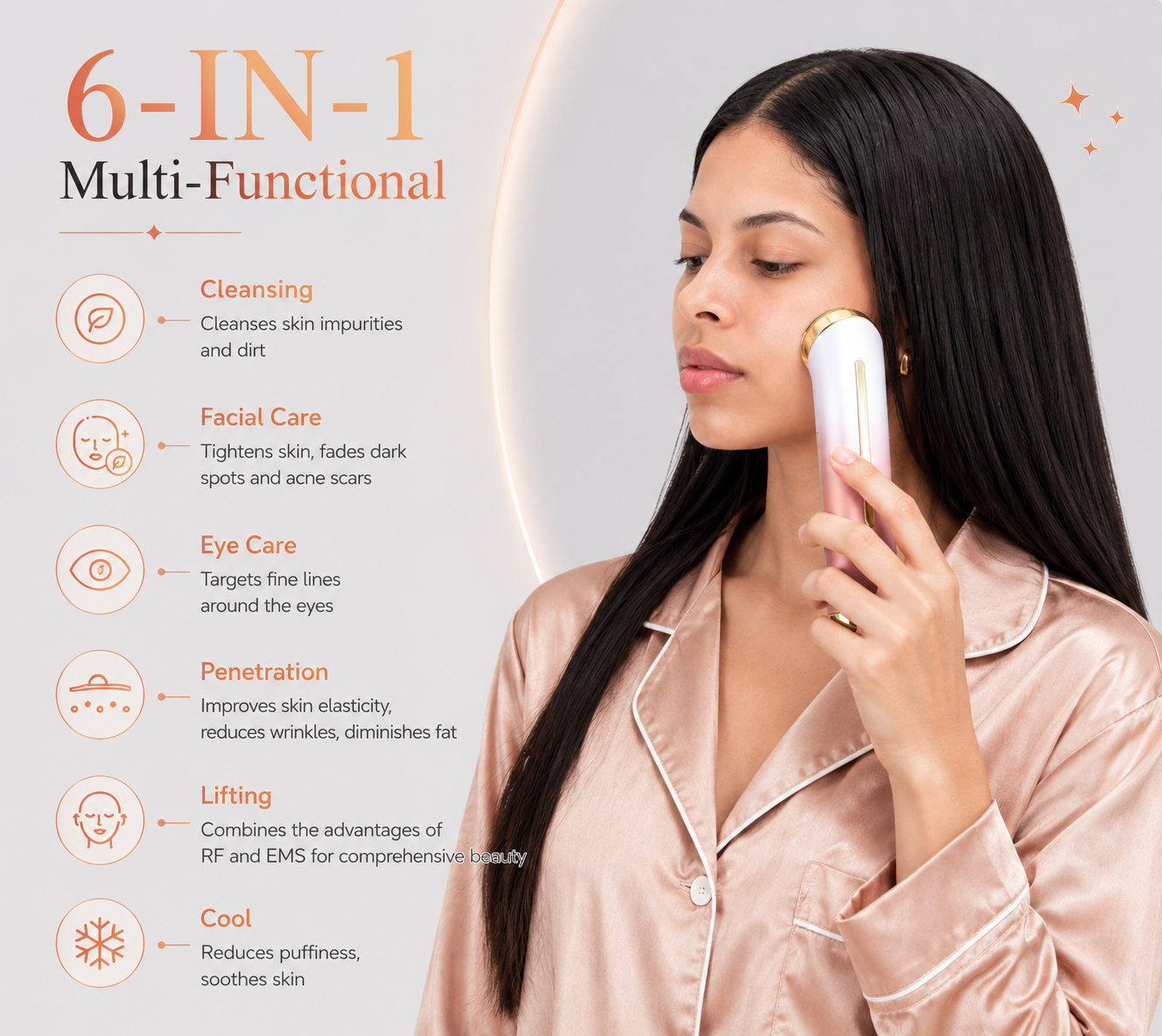 6-in-1 Multifunction Facial Beauty Device with Microcurrent, LED Light Therapy & Cooling Care