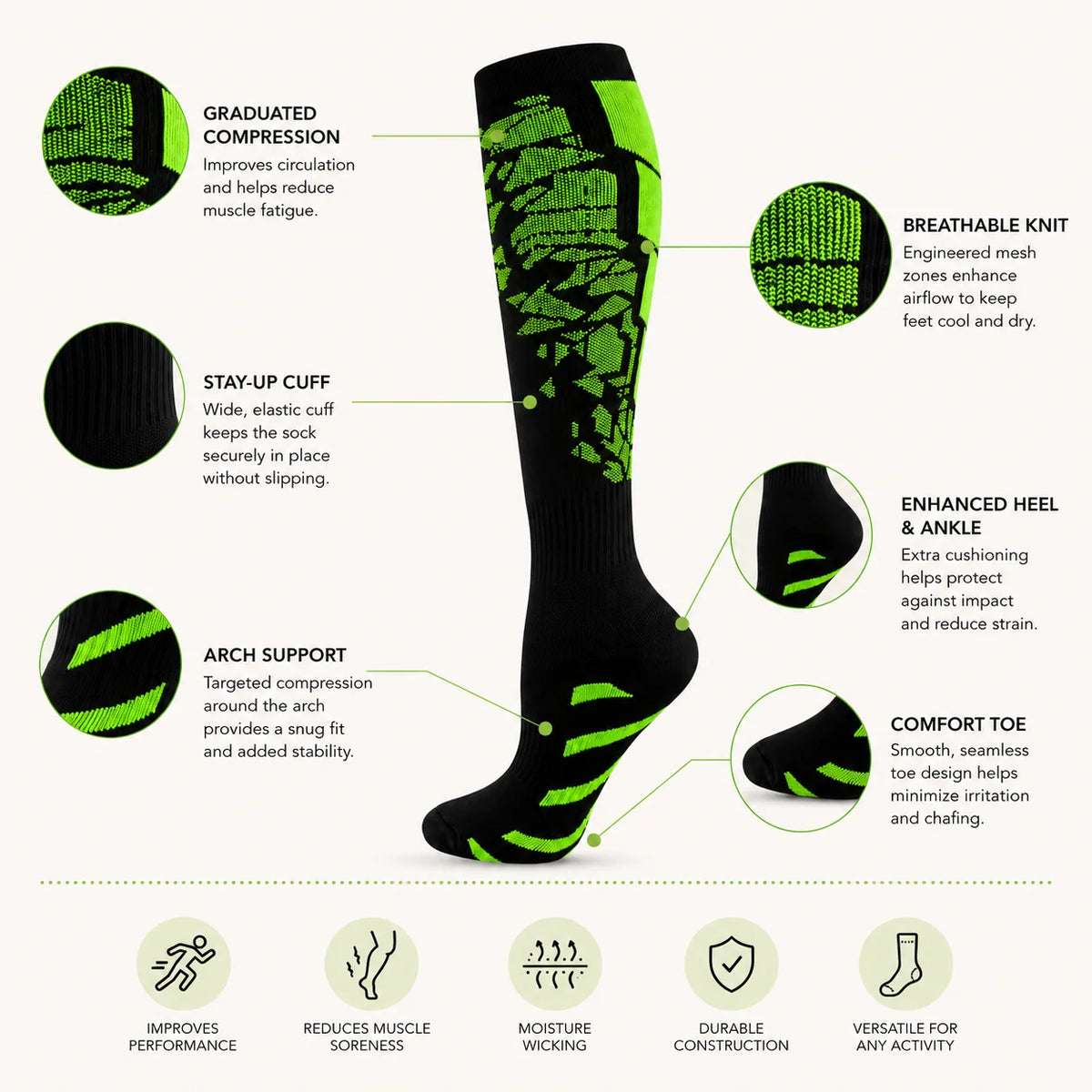 Neon Knee-High Compression Socks – 20–30 mmHg | 2-Pair Set