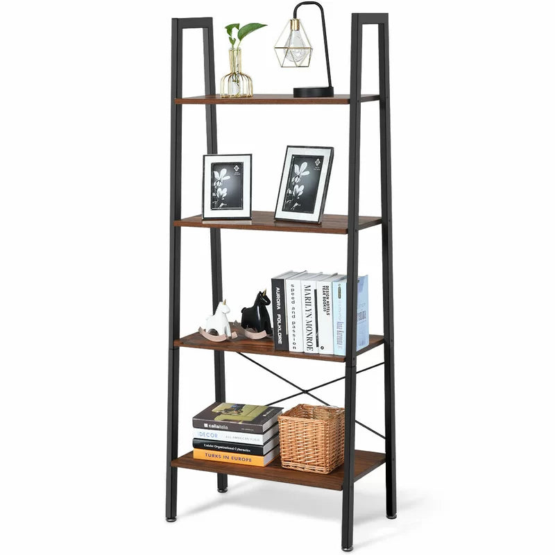 4-Tier Free-Standing Steel Frame Ladder Bookshelf