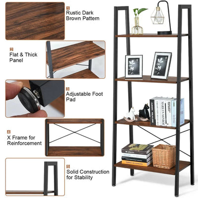 4-Tier Free-Standing Steel Frame Ladder Bookshelf