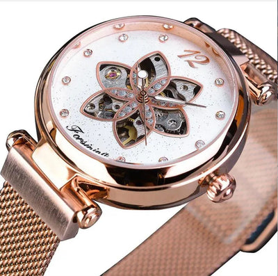 Aurora Flower/Diamante Automatic Woman's Watch -Rose Gold/White