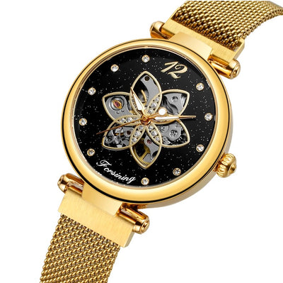 Aurora Flower/Diamante Automatic Woman's Watch -Gold/Black