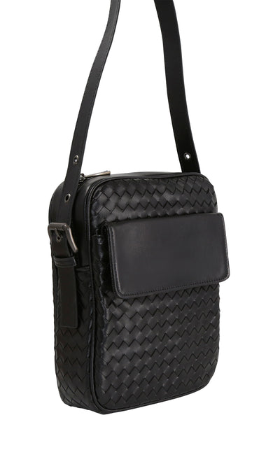 Refined Black Woven PU Leather Slingbag