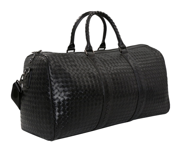 Luxurious Black Woven PU Leather Travel Duffel