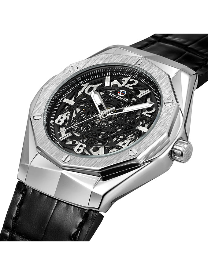 Augusto Automatic Mens Leather Watch - Black/Silver