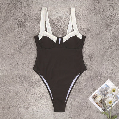 Black One-Piece with White Trim Swimsuit (Square Neck)
