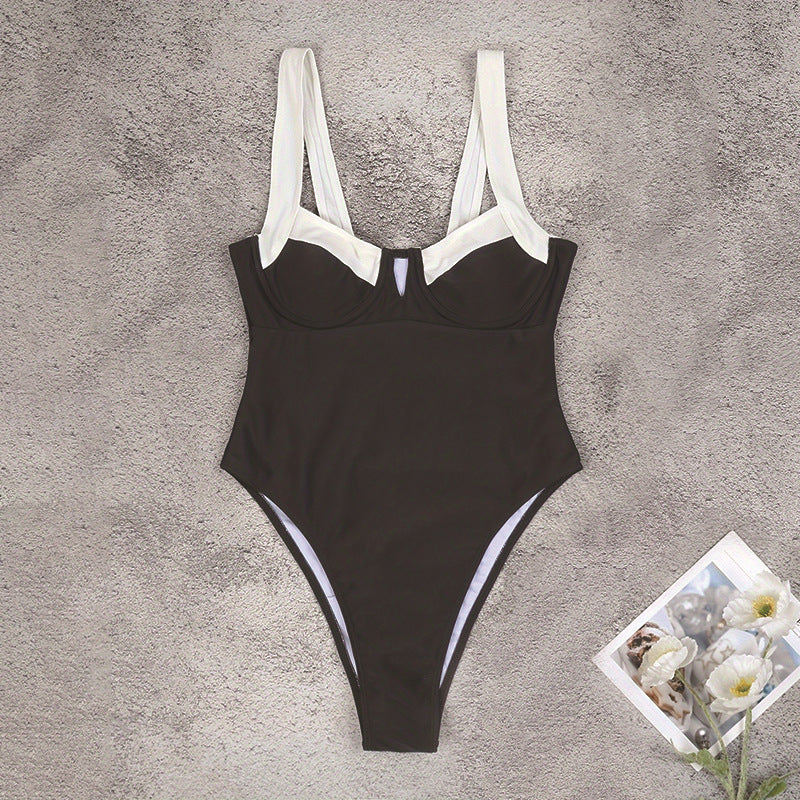 Black One-Piece with White Trim Swimsuit (Square Neck)