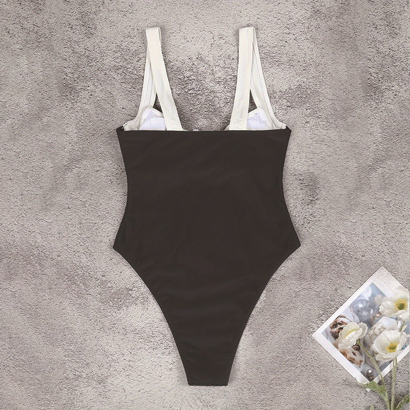 Black One-Piece with White Trim Swimsuit (Square Neck)