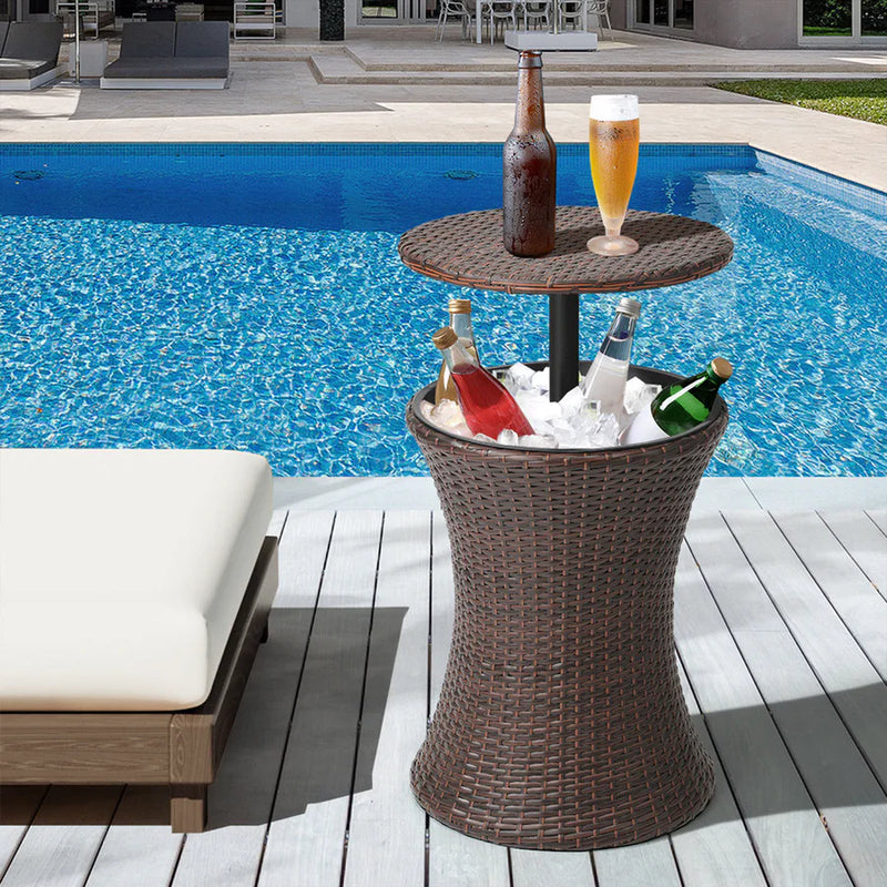 2-in-1 Outdoor Rattan Adjustable Bar/Coffee Table & Ice Cooler