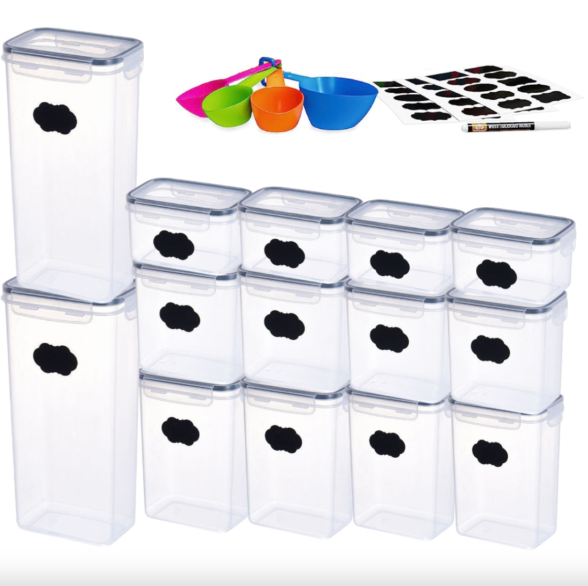 Storage Container with Measuring Cups and Labels