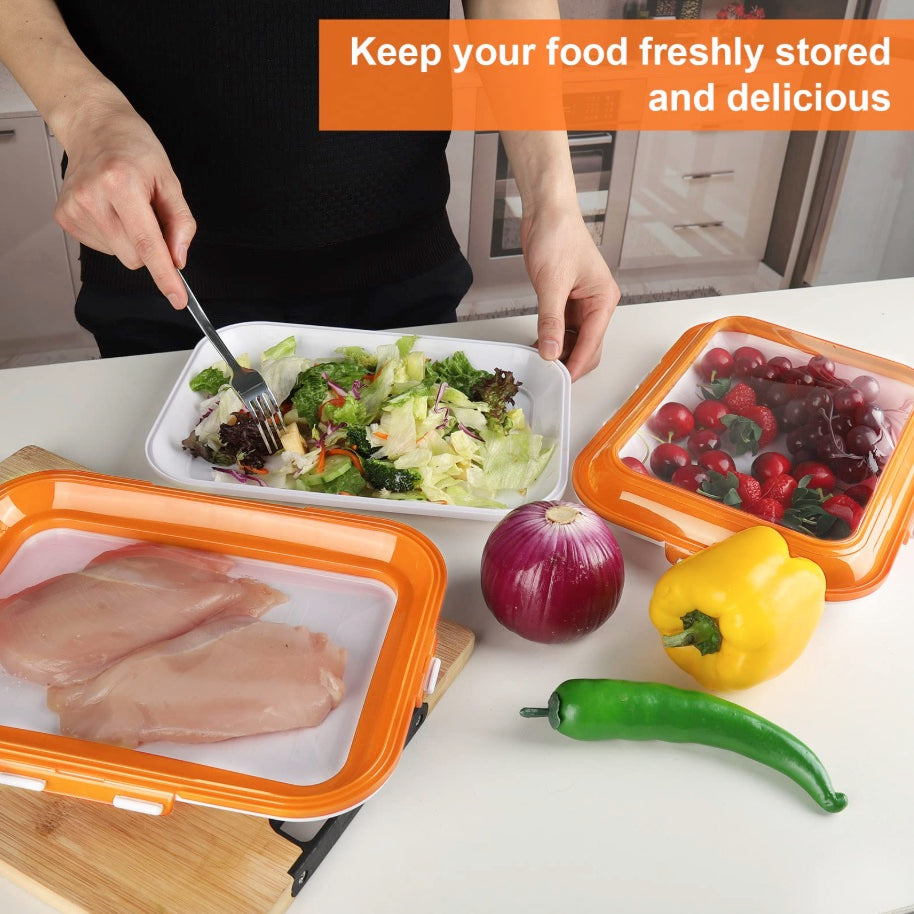 Reusable Leak-Proof Rectangular Vacuum Food Preservation Tray Set  - Pack of 3