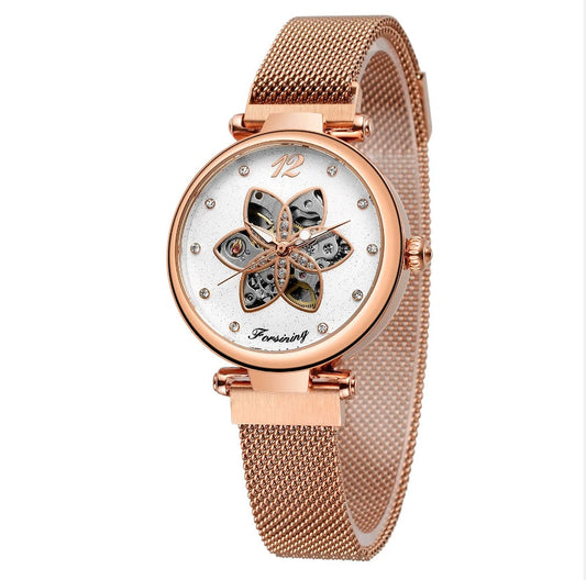 Aurora Flower/Diamante Automatic Woman's Watch -Rose Gold/White