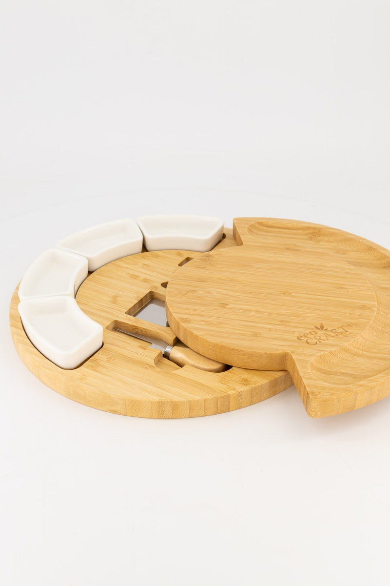 Eco Craft Luxury Round Bamboo Cheese Board with Ceramic Bowls and Accessories