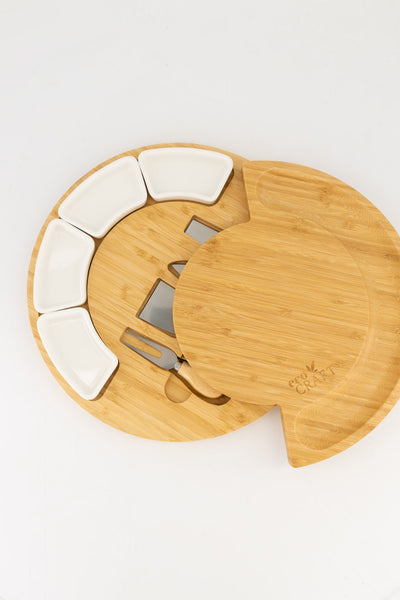 Eco Craft Luxury Round Bamboo Cheese Board with Ceramic Bowls and Accessories