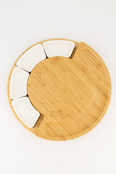 Eco Craft Luxury Round Bamboo Cheese Board with Ceramic Bowls and Accessories
