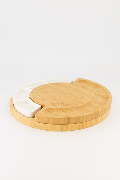 Eco Craft Luxury Round Bamboo Cheese Board with Ceramic Bowls and Accessories