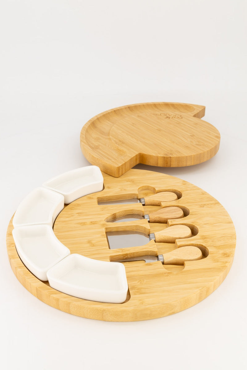 Eco Craft Luxury Round Bamboo Cheese Board with Ceramic Bowls and Accessories