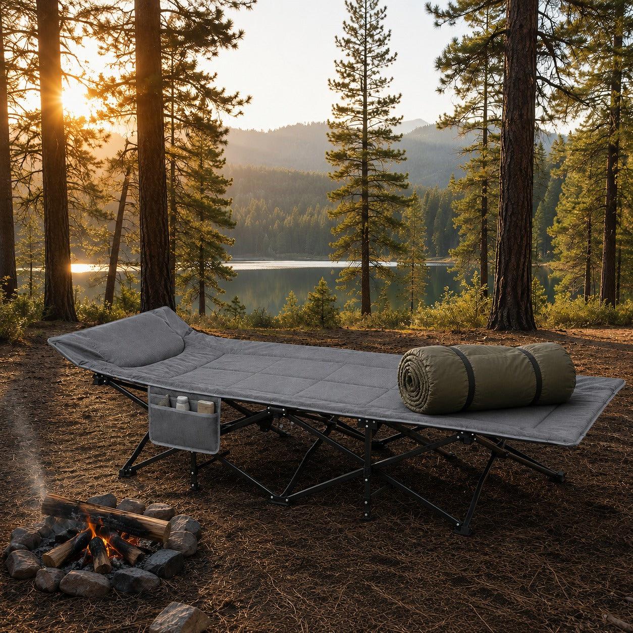 Soul Luxury Folding Camping Bed with Padded Headrest and Utility Side Pocket
