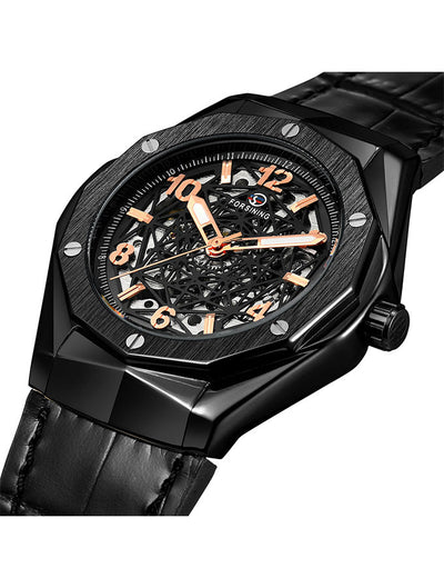 Augusto Automatic Mens Leather Watch - Black/Rose Gold