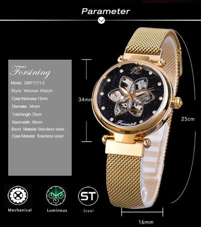 Aurora Flower/Diamante Automatic Woman's Watch -Gold/Black