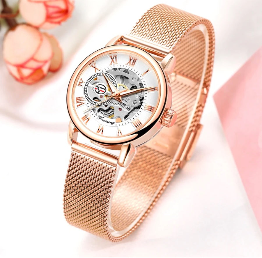 Rosa Automatic Luxury Woman's Watch - Rose Gold/White
