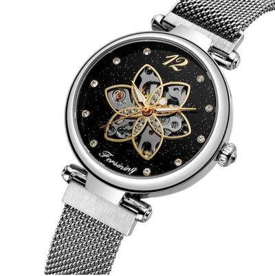 Aurora Flower/Diamante Automatic Woman's Watch -Silver/Black