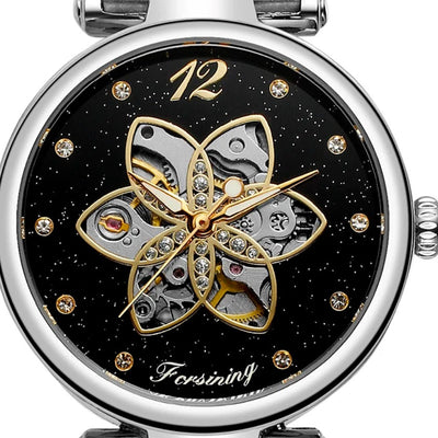 Aurora Flower/Diamante Automatic Woman's Watch -Silver/Black