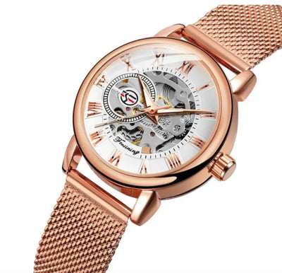 Rosa Automatic Luxury Woman's Watch - Rose Gold/White