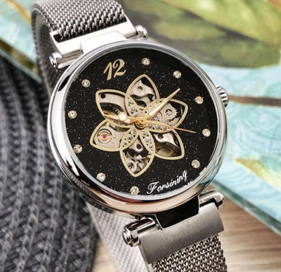 Aurora Flower/Diamante Automatic Woman's Watch -Silver/Black