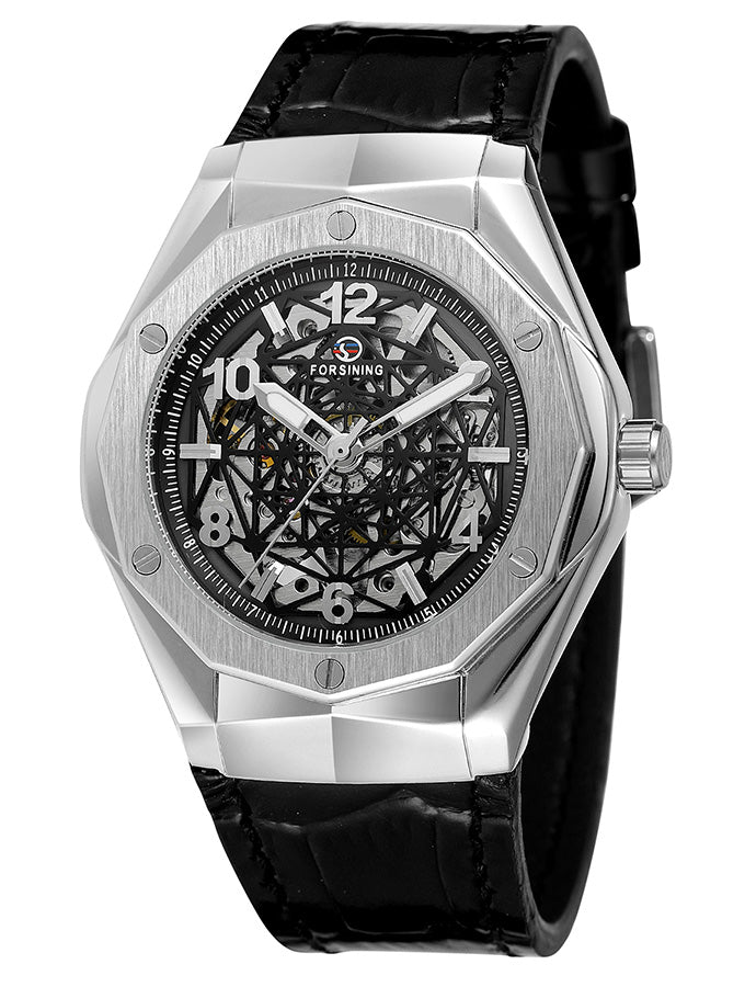 Augusto Automatic Mens Leather Watch - Black/Silver