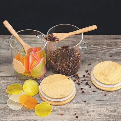 Set of 3 Glass Jars with Airtight Bamboo Lid & Spoon