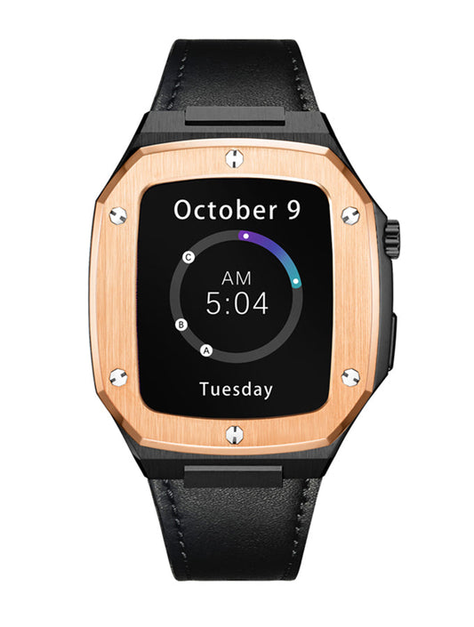 Iconic Luxury Black/Rose Gold Leather Apple Watchband (44mm)